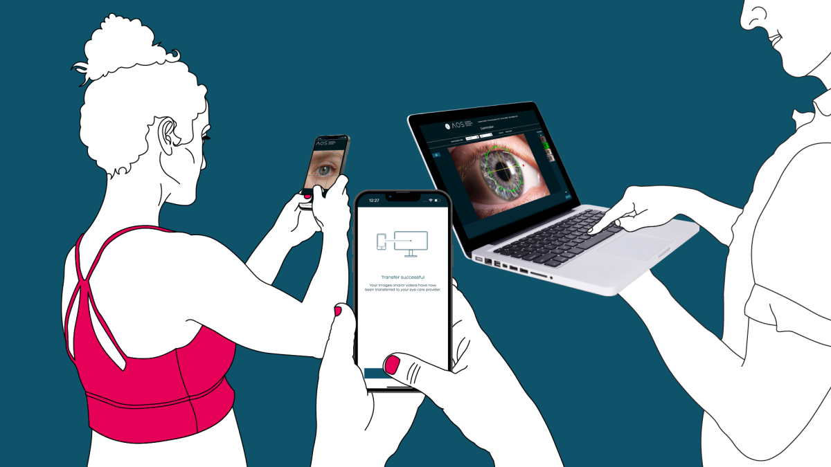 A woman at home is capturing an image of her eye on her phone following instructions shown on a separate phone image. She appears to be about to go out for a run. In the meantime, an optician is analysing the eye images to determine whether it is safe to issue a new contact lens prescription.