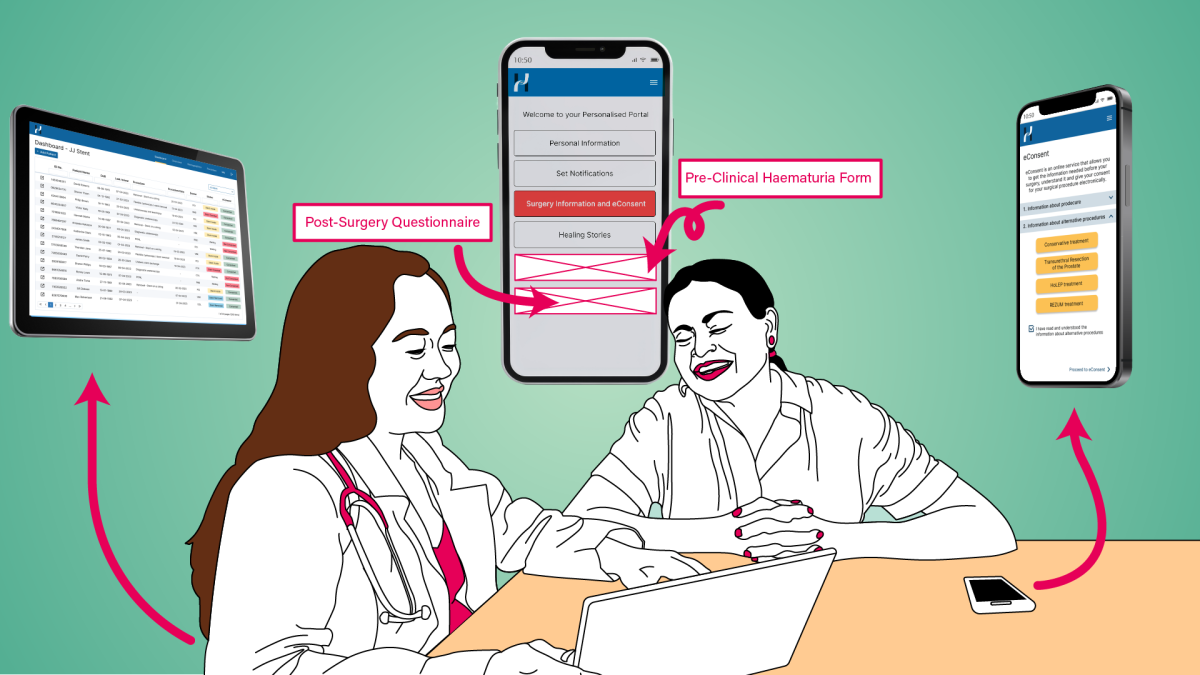 Clinician is briefing a patient about an upcoming procedure. The clinician has developed the app so that it contains the information the patient needs to know to be able to give informed consent for the procedure